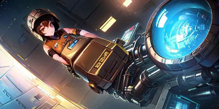 (front view:1.2, fisheye:1.2), (masterpiece, best quality, 8k, hdr10, cinematic), masterpiece, best quality, super detailed face, (highly detailed brown eyes), 1girl, short hair, vest, construction helmet, tool belt, spaceship under construction, holding big blueprint, background welding workers, <lora:Akame:1>, <lora:AnimePunk:1>,