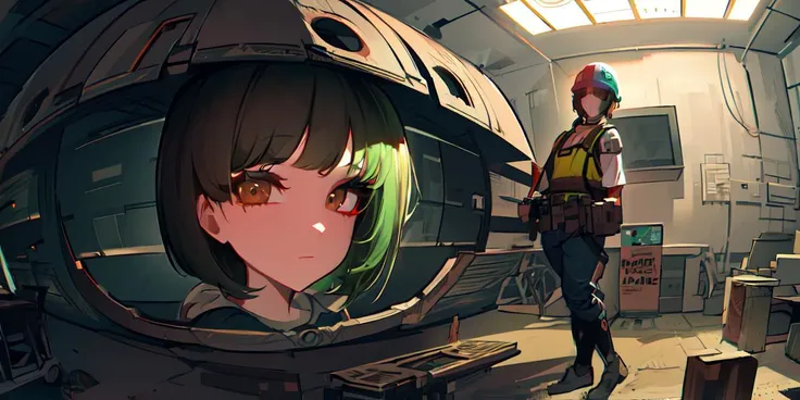 (front view:1.2, fisheye:1.2), (masterpiece, best quality, 8k, hdr10, cinematic), masterpiece, best quality, super detailed face, (highly detailed brown eyes), 1girl, short hair, dark_green hair, vest, construction helmet, tool belt, spaceship under construction, holding big blueprint, background welding workers, <lora:Akame:0.7>, <lora:AnimePunk:0.7>,