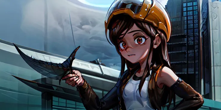 (front view:1.5, fisheye:1.2), (masterpiece, best quality, 8k, hdr10, cinematic), masterpiece, best quality, super detailed face, (highly detailed brown eyes), 1girl, vest, construction helmet, tool belt, skyscraper building under construction, holding big blueprint, background welding workers, <lora:add_detail:0.7>, <lora:jewelry bonneyV2:0.6>, <lora:nadev1:0.6>, <lora:VRAMsViolet640v2:0.6>