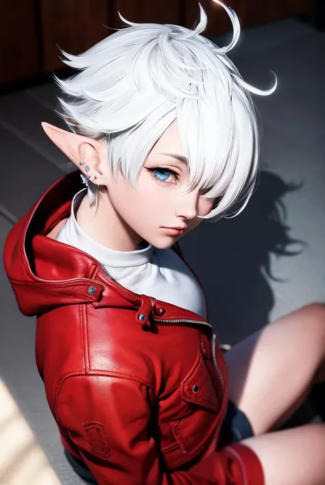 girlfriend, white hair, short hair, elf ear, earring, teen, bangs, blue eyes,hair over one eye,(hair over one eye:1.3), eyes_visible_through_hair, looking at viewer,red jacket, sunlight, teenage, view from above, indoors, <lora:Alisaie:0.7>