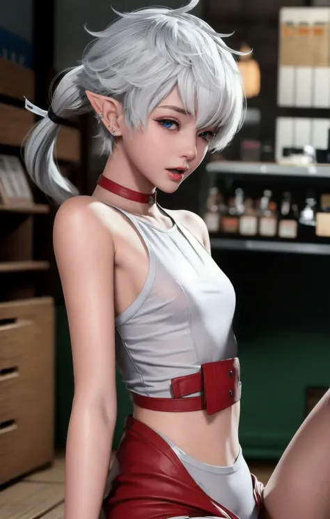 masterpiece, (photorealistic:1.4), best quality, ,1girl, alisaie leveilleur, white hair, short hair,  elf ear, earring, teen, bangs,  hands down, blue eyes, one eye covered, (cover right eye),hair over one eye,(hair over one eye:1.3), eyes_visible_through_hair, looking at viewer,  completely nude, <lora:Alisaie:0.66>  <lora:epiNoiseoffset_v2:0.6>, naughty face,