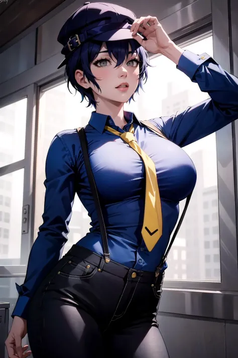 perfect body, sensual cleavage, medium breasts, feminine suit and tie, wearing tight white shorts, Ultra HD, 4k image, best image quality, (fidelity: 1.4), proportional hands, correct hands, perfect hands, photoreal, light green eyes , eyelashes, beautiful pupil, shadows, light blush, delicate facial features, reasonable facial features, exposed waist, natural poses
