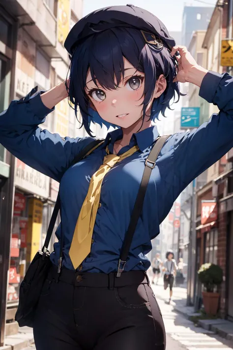 absurdres, best quality, masterpiece, 1girl, solo, <lora:shirogane naoto:0.9>, shiroganenaoto, (breasts:0.5), hat, black pants, blue shirt, yellow necktie, suspenders, grey eyes
