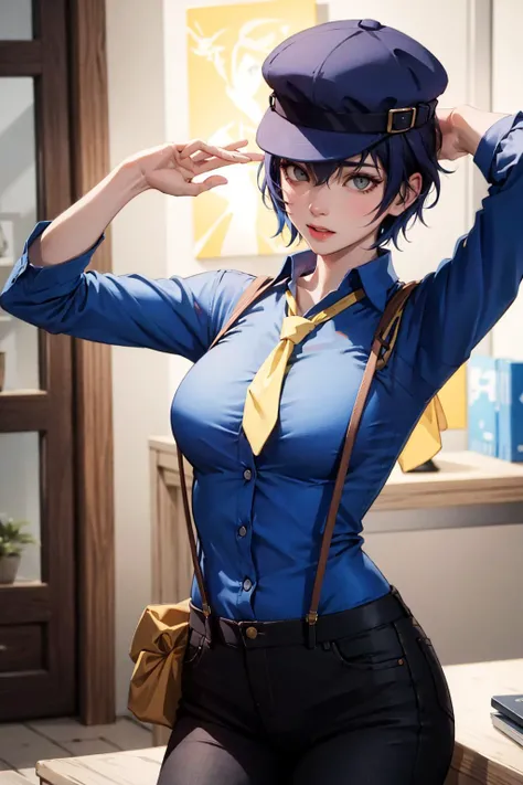 shiroganenaoto,1girl,solo,hat,black pants,blue shirt,yellow tie,suspenders,large breasts,heavy blush,deep cleavage,(grey eyes:1.2)<lora:shirogane naoto:1>