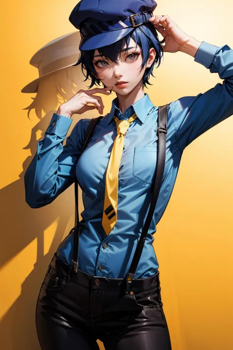 absurdres, best quality, masterpiece, 1girl, solo, <lora:shirogane naoto:0.9>, shiroganenaoto, (breasts:0.5), hat, black pants, blue shirt, yellow necktie, suspenders, grey eyes