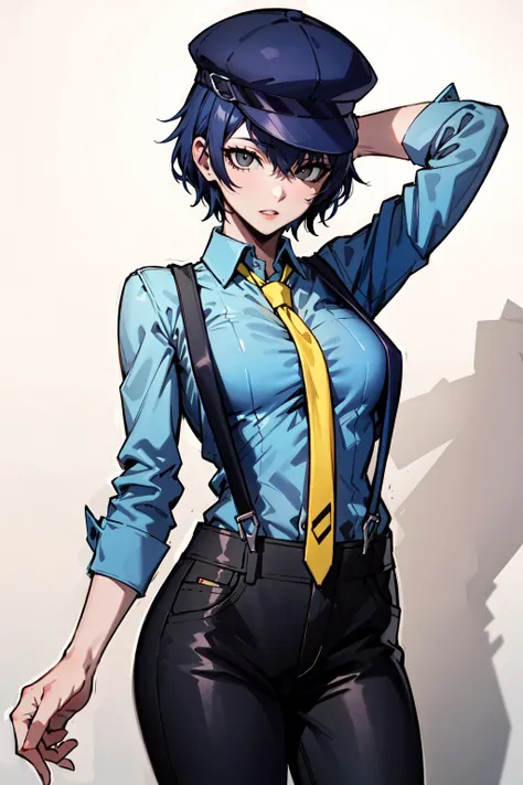 shiroganenaoto,1girl,solo,hat,black pants,blue shirt,yellow tie,suspenders,medium breasts,heavy blush,cleavage,(grey eyes:1.2)