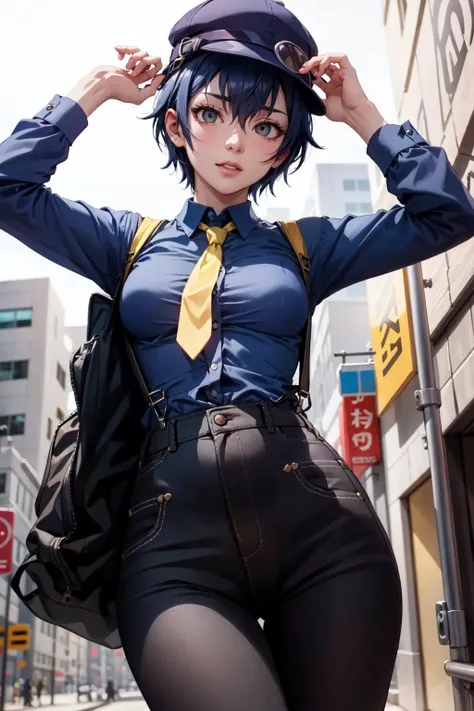 absurdres, best quality, masterpiece, 1girl, solo, <lora:shirogane naoto:0.9>, shiroganenaoto, (breasts:0.5), hat, black pants, blue shirt, yellow necktie, suspenders, grey eyes