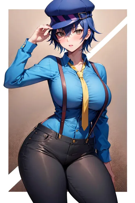 shiroganenaoto,1girl,solo,hat,black pants,blue shirt,yellow tie,suspenders,large breasts,heavy blush,grey eyes<lora:shirogane naoto:1>