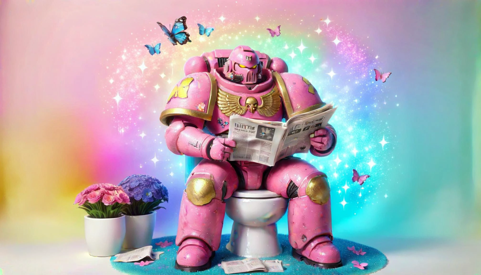 a pink spacemarine sitting on a toilet, reading the newspaper, cute fantasy background, rainbow, butterfly, flowers, spread love <lora:SpaceMarine1024:0.5> <lora:KawaiiTechXL:0.8> kawaiitech, cute pastel colors and symbols <lora:ral-glitter:0.8> ral-glitter