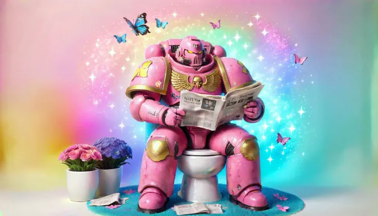 a pink spacemarine sitting on a toilet, reading the newspaper, cute fantasy background, rainbow, butterfly, flowers, spread love <lora:SpaceMarine1024:0.5>  <lora:KawaiiTechXL:0.8> kawaiitech, cute pastel colors and symbols <lora:ral-glitter:0.8> ral-glitter