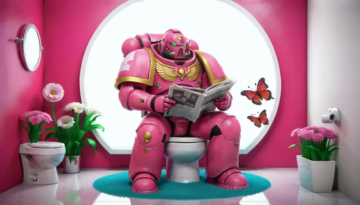 a pink spacemarine sitting on a toilet, reading the newspaper, cute fantasy background, rainbow, butterfly, flowers, spread love <lora:SpaceMarine1024:0.5>