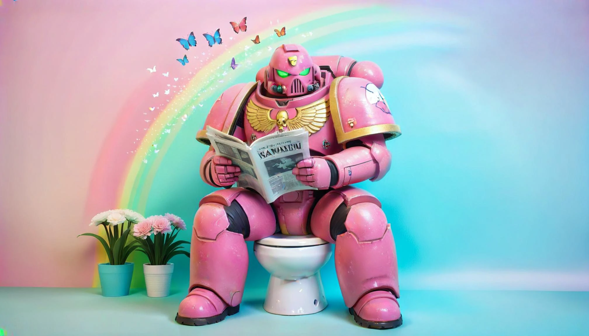 a pink spacemarine sitting on a toilet, reading the newspaper, cute fantasy background, rainbow, butterfly, flowers, spread love <lora:SpaceMarine1024:0.5> <lora:KawaiiTechXL:0.8> kawaiitech, cute pastel colors and symbols