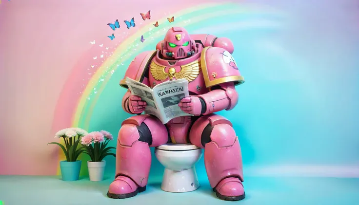 a pink spacemarine sitting on a toilet, reading the newspaper, cute fantasy background, rainbow, butterfly, flowers, spread love <lora:SpaceMarine1024:0.5>  <lora:KawaiiTechXL:0.8> kawaiitech, cute pastel colors and symbols