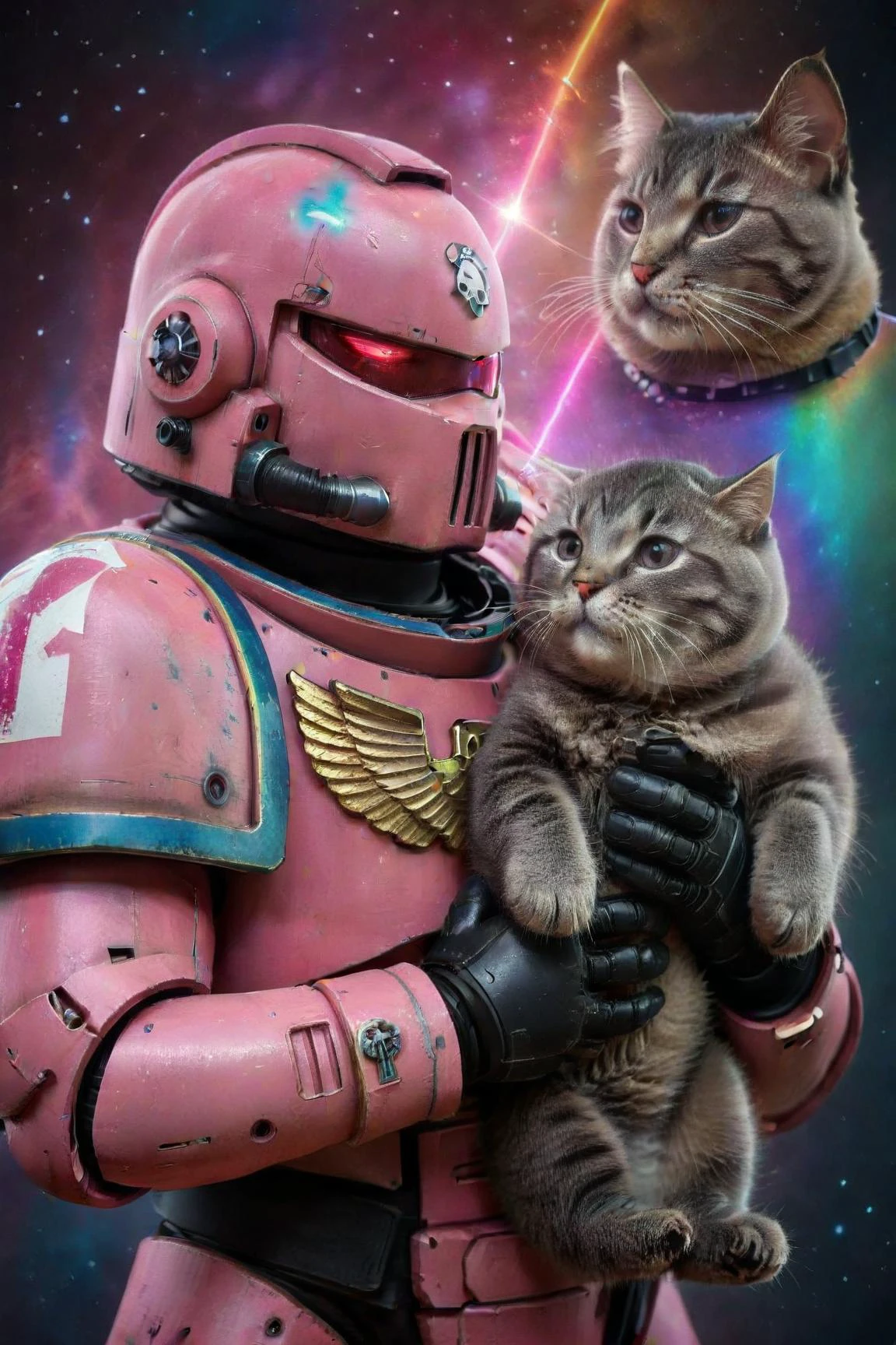 a pink spacemarine robot holding a cat, cute fantasy background, rainbow, spread love <lora:SpaceMarine1024:0.5> <lora:AwkwardCatPhoto:0.8> meme, x holding y, double exposure, laser background or space background, family photo, helmet