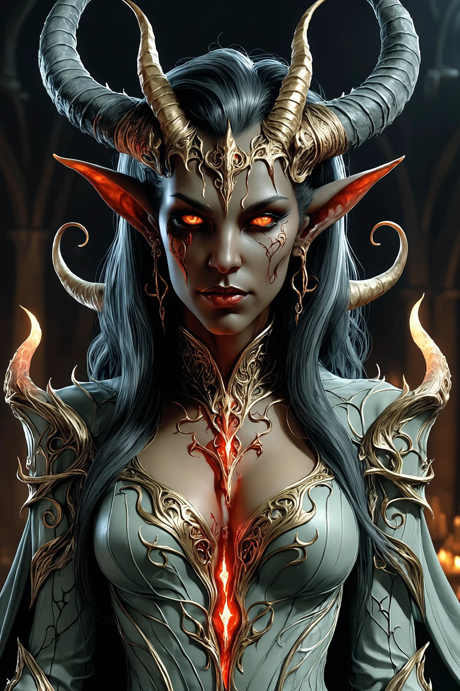 hyper detailed masterpiece, dynamic, awesome quality, A female Tiefling sorcerer, she has black demon eyes, her hair is black , her Skin is blood, she is content, her robes are golden, her horns are dark grey, (detailed anatomy:1.2), hyperrealistic drawing in a Neverwinter Nights setting <lora:DonM3lv3sXL:0.8> DonM3lv3sXL