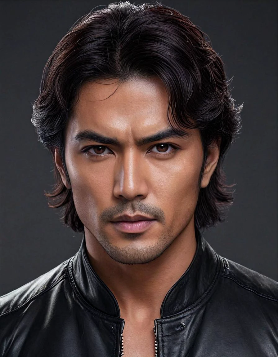 (masterpiece) , realistic, insanely detailed, highly detailed, high quality, 4k, hdr, real skin, dark tones,
approaching perfection, perfect anatomy, realistic model portrait, amazing male, asian with side swept wavy brown hair wearing leather jacket, 38 yo male, sleepy eyes, gothic, tan skin, by Selina Fenech, surrealism, Perfect face, detailed face, delicate face, soft line art, fine lines, grey eyes, upper body, soft color, soft drawn, volumetric lighting, prominent jawline, angular jawline, realistic skin texture