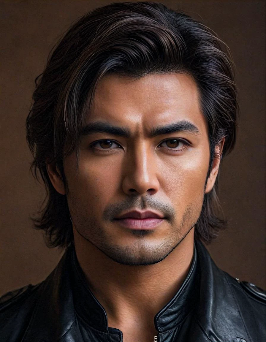 (masterpiece) , realistic, insanely detailed, highly detailed, high quality, 4k, hdr, real skin, dark tones,
approaching perfection, perfect anatomy, realistic model portrait, amazing male, asian with side swept wavy brown hair wearing leather jacket, 38 yo male, sleepy eyes, gothic, tan skin, by Selina Fenech, surrealism, Perfect face, detailed face, delicate face, soft line art, fine lines, grey eyes, upper body, soft color, soft drawn, volumetric lighting, prominent jawline, angular jawline