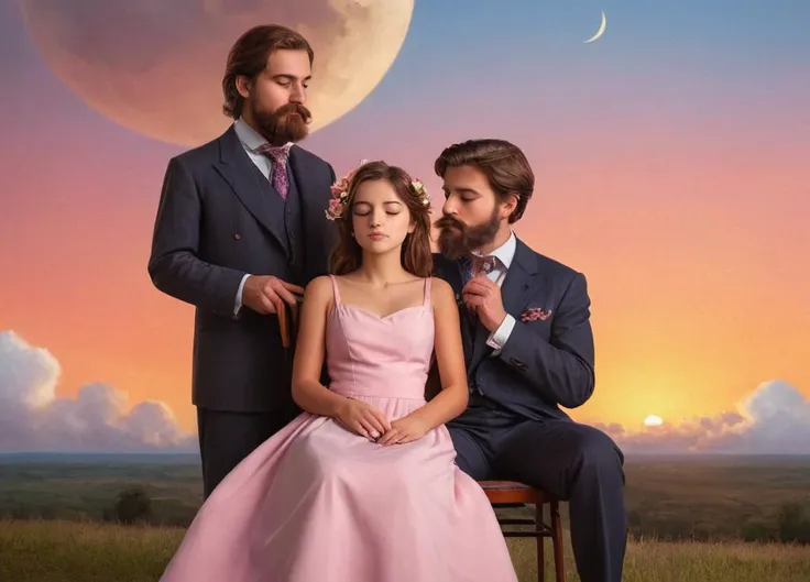 photograph,incredible proportion,1girl and 1boy,brown hair,(cloud:1.2),the sunset,beard,dress,flower,mustache,old,crescent moon,painting (action),instrument,closed eyes,chair,pink dress,