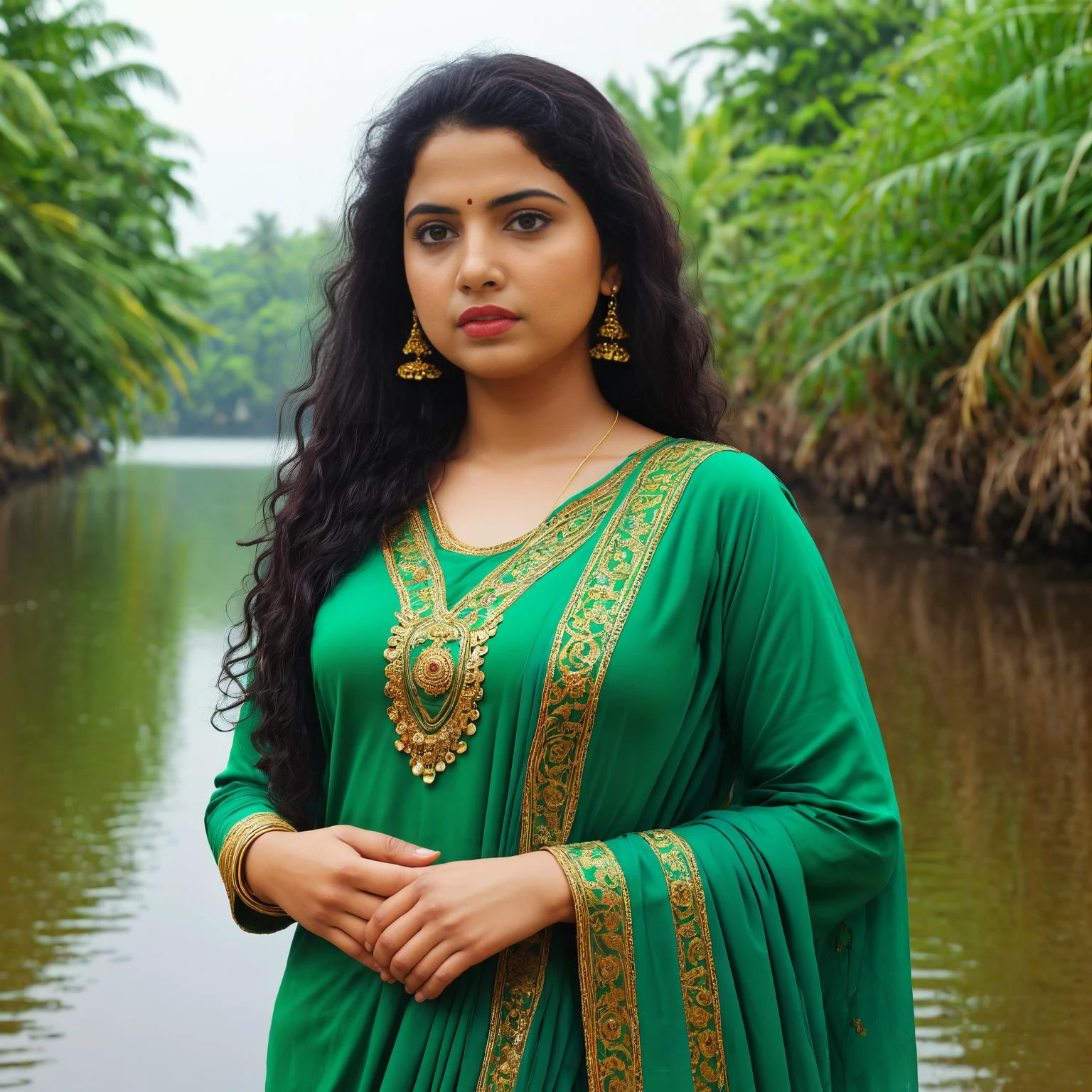 Hyperrealistic art ((Full-Body Shot)),/imagine prompt: An evocative portrayal of a beautiful Indian girl with captivating eyes, her dark curls framing her face, wearing an intricately embroidered salwar kameez in shades of emerald green, standing on the banks of the serene backwaters of Kerala, surrounded by lush coconut groves and traditional houseboats, capturing the serene beauty of the South Indian landscape,realistic, âar 16:9 âv 5
, <lora:Noshi:1>, Trapped souls in glowing orbs . Extremely high-resolution details, photographic, realism pushed to extreme, fine texture, incredibly lifelike