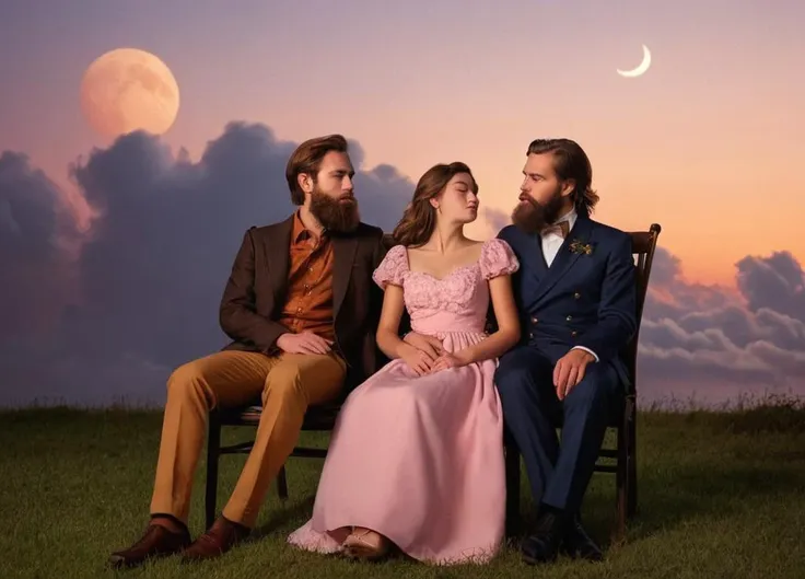 photograph,incredible proportion,1girl and 1boy,brown hair,(cloud:1.2),the sunset,beard,dress,flower,crescent moon,closed eyes,chair,pink dress,