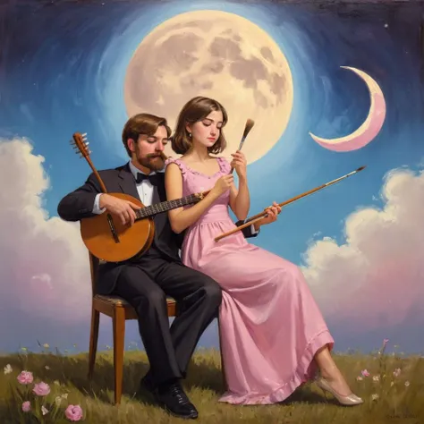 an outstanding painting,incredible proportion,1girl and 1boy,brown hair,fine art parody,(cloud:1.2),facial hair,moon,beard,dress,flower,mustache,old,crescent moon,painting (action),instrument,closed eyes,chair,pink dress,palette (object),paintbrush,