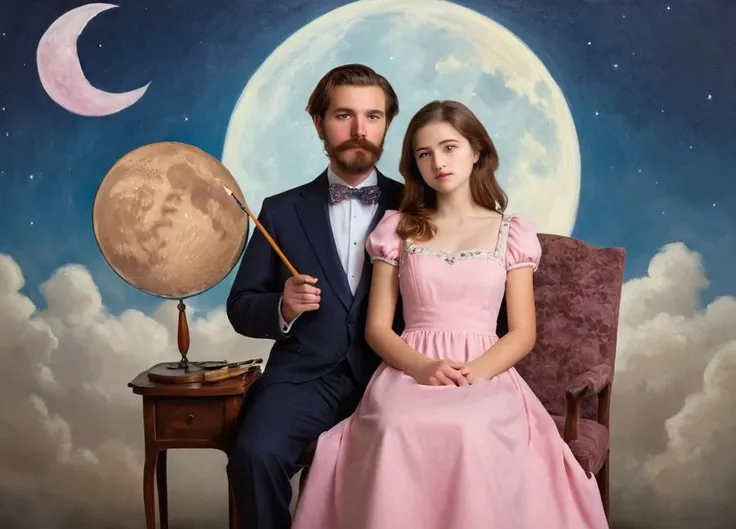 photograph,incredible proportion,1girl and 1boy,brown hair,(cloud:1.2),moon,beard,dress,flower,mustache,old,crescent moon,painting (action),instrument,closed eyes,chair,pink dress,palette (object),paintbrush,