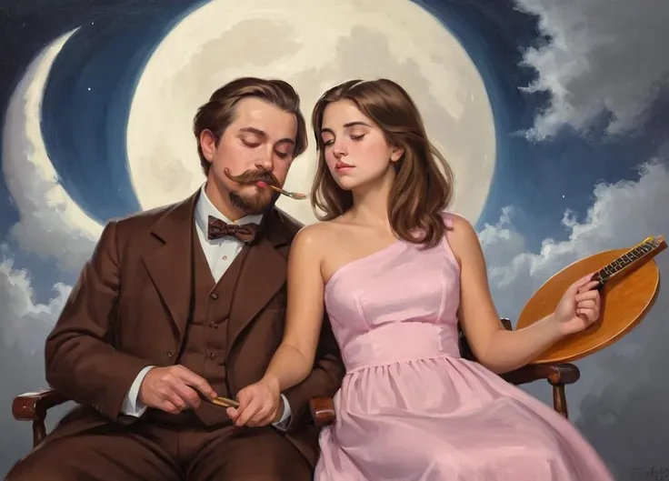 an outstanding painting,incredible proportion,1girl and 1boy,brown hair,fine art parody,(cloud:1.2),facial hair,moon,beard,dress,flower,mustache,old,crescent moon,painting (action),instrument,closed eyes,chair,pink dress,palette (object),paintbrush,