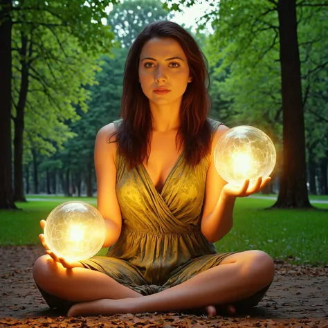 Hyperrealistic art ((Full-Body Shot)), Very beautiful woman in a park, highly detailed., realistic, <lora:Noshi:1>, Trapped souls in glowing orbs . Extremely high-resolution details, photographic, realism pushed to extreme, fine texture, incredibly lifelike