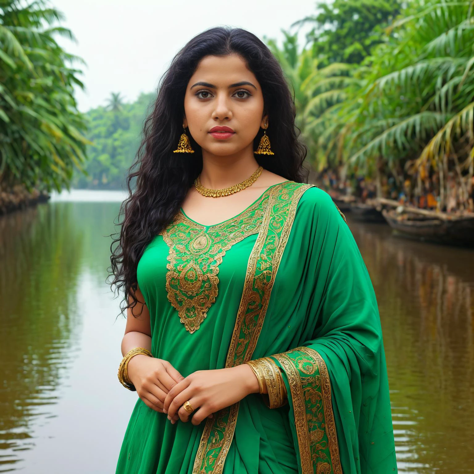 Hyperrealistic art ((Full-Body Shot)),/imagine prompt: An evocative portrayal of a beautiful Indian girl with captivating eyes, her dark curls framing her face, wearing an intricately embroidered salwar kameez in shades of emerald, green, standing on the banks of the serene backwaters of Kerala, surrounded by lush coconut groves and traditional houseboats, capturing the serene beauty of the South Indian landscape,realistic, âar 16:9 âv 5, <lora:Noshi:.9>, Trapped souls in glowing orbs . Extremely high-resolution details, photographic, realism pushed to extreme, fine texture, incredibly lifelike