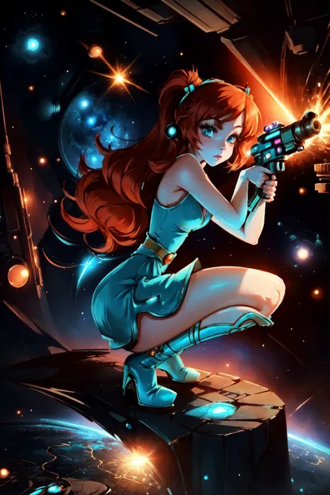 masterpiece, best quality, 1girl, solo, KimberlySpaceAce, long hair, looking at viewer, aqua short dress, holding gun, energy gun, squatting, aqua boots, inside a futuristic space station, <lora:Kimberly_SpaceAceV1.1:1>
