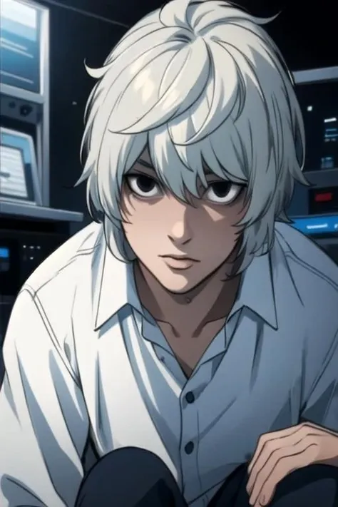 masterpiece, best quality, game cg, 1boy, solo, male focus, looking at viewer, , , ligne claire, realistic, <lora:nate_river:0.8>, nate_river, white hair, black eyes, hair between eyes, , , alternate history,