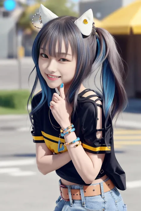 (photorealistic), (cinematic still shot), cinematic photography, cyberpunk, masterpiece, extremely detailed, best quality, original, dynamic posture, dynamic angle

daitaku helios \(umamusume\), umamusume, animal ears, horse ears, hair_ornaments, side_ponytail, smile, belt, white shorts, grin, short shorts, blue shirt, collarbone, bead bracelet, short sleeves, tied shirt, denim shorts, cutoffs


 <lora:koreanDollLikeness_v10:0.4> <lora:daitakuHelios_v10:0.8>