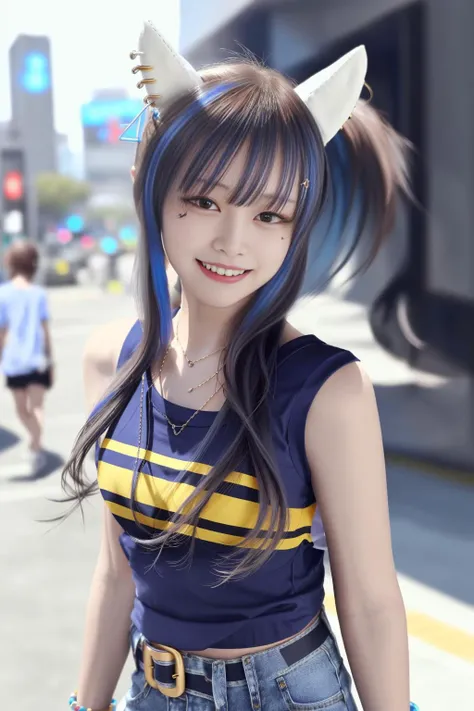 (photorealistic), (cinematic still shot), cinematic photography, cyberpunk, masterpiece, extremely detailed, best quality, original, dynamic posture, dynamic angle

daitaku helios \(umamusume\), umamusume, animal ears, horse ears, hair_ornaments, side_ponytail, smile, belt, white shorts, grin, short shorts, blue shirt, collarbone, bead bracelet, short sleeves, tied shirt, denim shorts, cutoffs


 <lora:koreanDollLikeness_v10:0.4> <lora:daitakuHelios_v10:0.75>