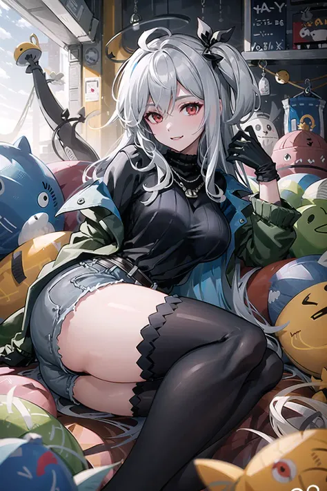 SKADITEA,solo, breasts, black gloves, black shirt, black thighhighs, open clothes, looking at viewer, shorts, large breasts, open green jacket<lora:SKADITEA-000008:1> long hair, looking at viewer, lying, mouth hold, on side, padlock, petals, puffy sleeves, see-through, smile, solo, thighhighs, underwear,thighhighs, wide sleeves, window, hair intakes, bangs,