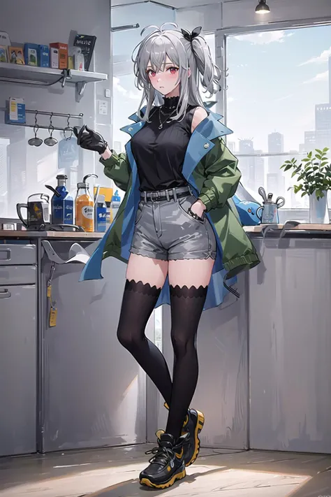(masterpiece,best quality, detailed), indoors, kitchen, looking at viewer, 1girl, solo, full body, standing, cowboy shot, blush, nose blush,
SKADITEA, 1girl,green jacket, black gloves, black shirt, black thighhighs,looking at viewer, shorts, large breasts , <lora:SKADITEAV2-pynoise-000009:1>