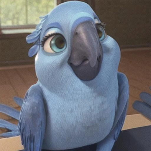 <lora:Addams:0.7> female blue macaw, blue feathers, small feathers on top of head, sitting on table
