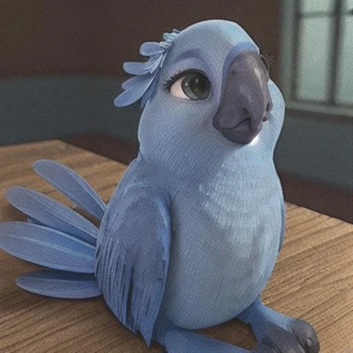 <lora:Addams:0.7> female blue macaw, blue feathers, small feathers on top of head, sitting on table