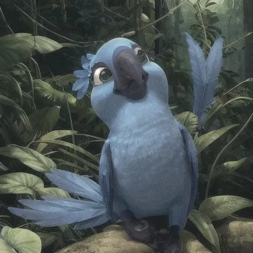 Portrait of Bia <lora:Bia Rio V1:0.6>, cartoon, cgi, female macaw, blue feathers, large pupils, side view, front view, detailed, high quality, 4k, sweet smile, treehouse, interior, eyelashes