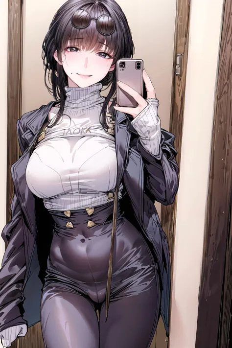 HDR,UHD,8K,Highly detailed,best quality,masterpiece,1girl,mature female, white skin,tall,<lyco:GoodHands-beta2:1.0>dtgsister,mole under mouth, mole under eyes,black hair,bangs,brown eyes,skinny,model,hair bun, <lora:guitar sister2:0.8>, (<lora:KafkaOutfit:0.8>KafkaOutfit,seductive smile,eyewear on head, jacket,hotel room,selfie,mirror, )