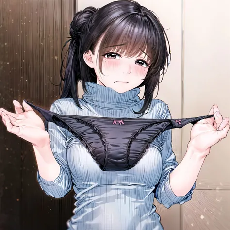 HDR,UHD,8K,Highly detailed,best quality,masterpiece,1girl,v,mature female, white skin,tall,<lyco:GoodHands-beta2:1.0>dtgsister,mole under mouth, mole under eyes,black hair,bangs,brown eyes,skinny,model,hair bun, <lora:guitar sister2:0.8>,  (holding panties, presenting panties <lora:presenting_panties_v0.3:1>otaku room,blush,shy,cowboy shot)