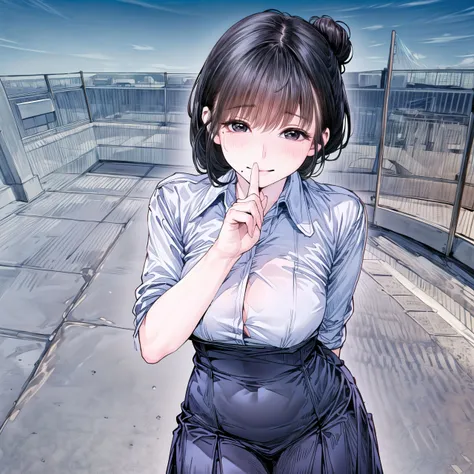 HDR,UHD,8K,Highly detailed,best quality,masterpiece,1girl,v,mature female, white skin,tall,<lyco:GoodHands-beta2:1.0>dtgsister,mole under mouth, mole under eyes,black hair,bangs,brown eyes,skinny,model,hair bun, <lora:guitar sister2:0.8>, (shushing,school uniform,<lyco:Saya-shushing:1>,school_rooftop,cowboy shot)