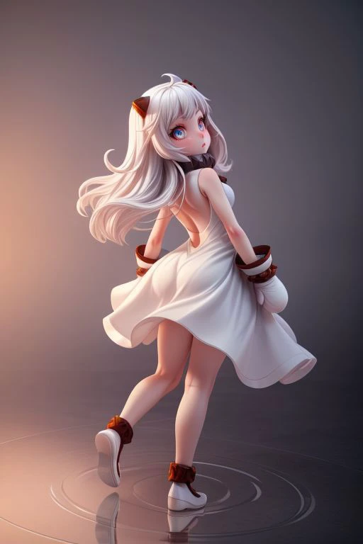 hoppo,mittens,white dress,ahoge, ((pretty face, skin indentation, eyes reflection, stunning eyes, rim lighting, skin shading, sub surface scattering)), (masterpiece, best quality, ray tracing, volumetric lighting, ssao shadows, detailed, intricate),((from back)) <lora:add_detail:1>    <lora:Pou2:1>