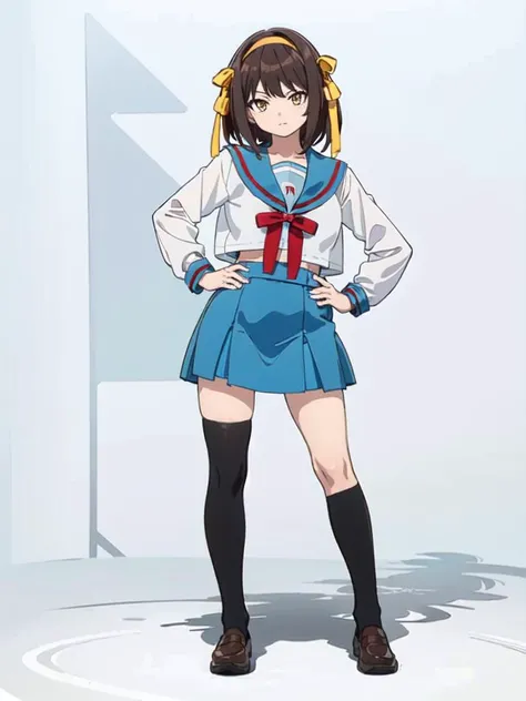 masterpiece, best quality, ultra-detailed, illustration,
kita high school uniform, suzumiya haruhi, solo, 1girl, kita high school uniform, school uniform, cosplay, skirt, serafuku, blue skirt, sailor collar, brown hair, socks, blue sailor collar, ribbon, full body, kneehighs, white background, winter uniform, long sleeves, black socks, simple background, hairband, brown eyes, shoes, red ribbon, medium hair, standing, pointing, hair ribbon, hand on hip, black footwear, yellow hairband, looking at viewer, bangs,
<lora:kitakouseifuku:0.8>