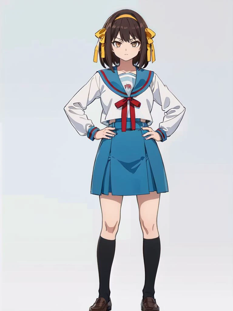 masterpiece, best quality, ultra-detailed, illustration,
kita high school uniform, suzumiya haruhi, solo, 1girl, kita high school uniform, school uniform, cosplay, skirt, serafuku, blue skirt, sailor collar, brown hair, socks, blue sailor collar, ribbon, full body, kneehighs, white background, winter uniform, long sleeves, black socks, simple background, hairband, brown eyes, shoes, red ribbon, medium hair, standing, pointing, hair ribbon, hand on hip, black footwear, yellow hairband, looking at viewer, bangs,
<lora:kitakouseifuku:0.8>