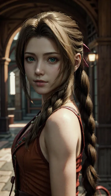 ((ultra detailed, masterpiece, best quality)),<lora:FF7Aerith:0.8>,FF7Aerith,1girl,solo,single braid,green eyes,brown hair,portrait,