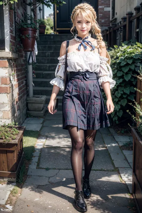 (realistic:1.3), finely detailed, quality, rembrandt lighting, (masterpiece:1.2), (photorealistic:1.2), (best quality), (detailed skin:1.3), (intricate details), dramatic, ray tracing, 1girl, klaudia valentz, blonde hair, braid, hair ribbon, windswept, floating hair, smiling, 21 years old, medium breasts, white top, collar, blue ribbon, detached sleeves, long sleeves, black skirt, green trim, tights, shoes, (cobble street, village, bright sunny day, strolling), <lora:Klaudia_Valentz:0.6>