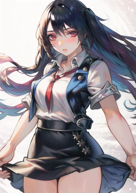 CRN1.2, ((masterpiece)), ((best quality)),  1girl, brunette, red eyes, black miniskirt, white shirt, wind blown hair, wind lift skirt, blushing <lora:AOIN_style_v01.10.01:1>