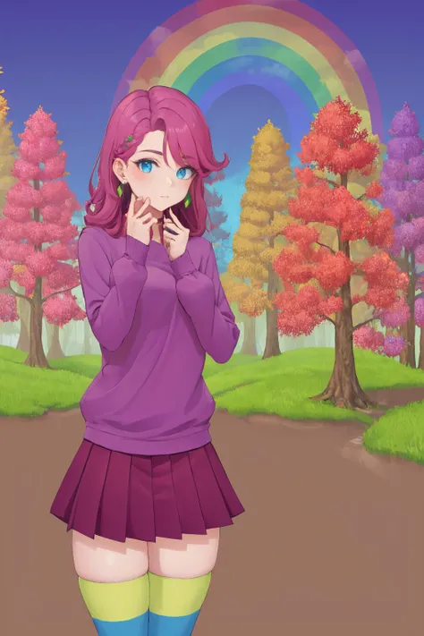 masterpiece, best quality, 1girl, solo, standing, <lora:partygirl-nvwls-v1:1> pgirl, earrings, pink sweater, pink skirt, striped thighhighs, <lora:background-terraria-richy-v1:1> terrariabackground, forest, rainbow, multi-colored trees, blue sky, pastel theme