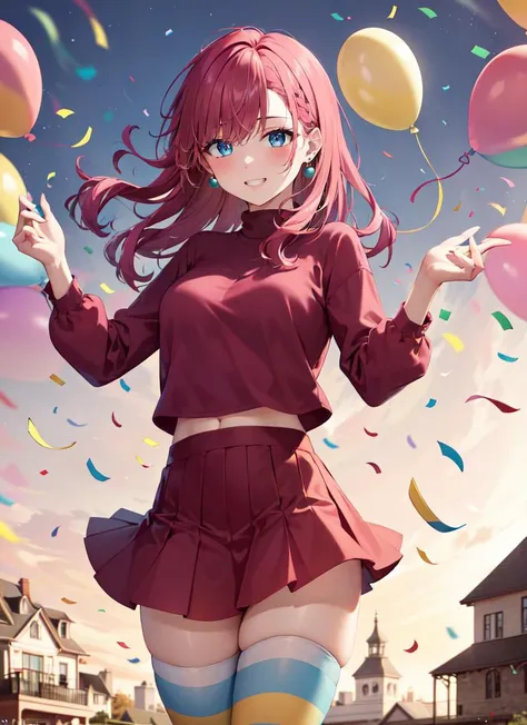 ((best quality)), ((highly detailed)), masterpiece, absurdres, (detailed eyes, deep eyes), (1girl), full body, <lora:partygirl-terraria-v1:.8>, pgirl, pink hair, blue eyes, smiling, grin, earrings, (pink sweater), pink skirt, thighhighs, striped thighhighs, (party, confetti, celebrating, balloons), (at a mansion, sunset)