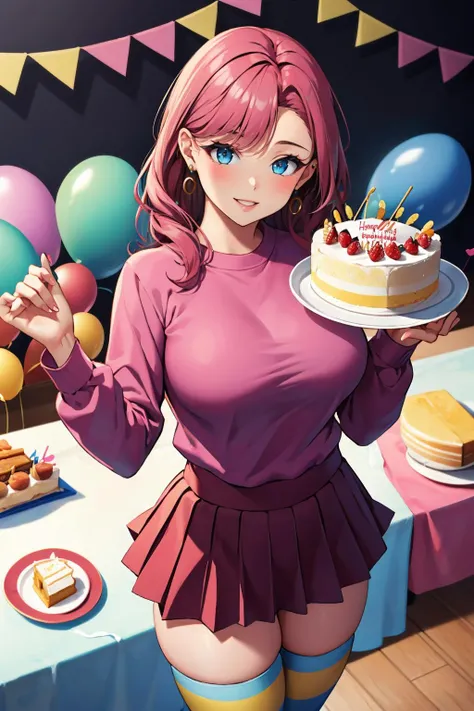 1 Female,High definition,high resolution,Ultra-realistic,8K, hy1, hair ornament, multicolored hair, necktie, skirt, sleeveless, school uniform, pink skirt, tight skirt,((miniskirt)), jewelry,European,sexy,Upper body close-up,Photographed from the front,Dynamic Angles,blush, medium tits , happy, wink the eye,facial, sweat,multicolored hair ,(holding a big birthday cake),(show cake),(happy birthday message),(from behind),(huge ass),(show ass),(black thong),(show thong),(skirt lift:1.5),(cute ass),(perfect ass)